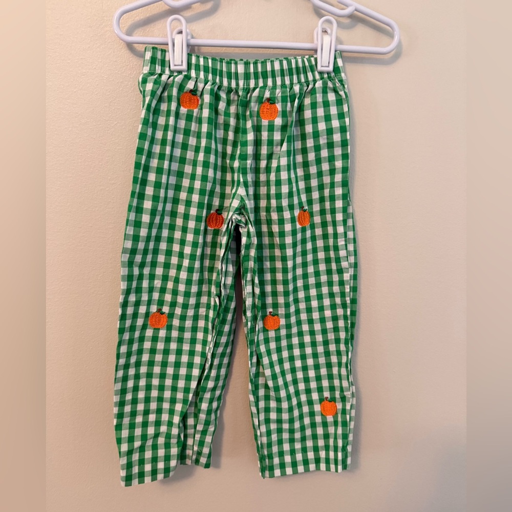Monday’s Child Green Gingham Pants with Pumpkin Design